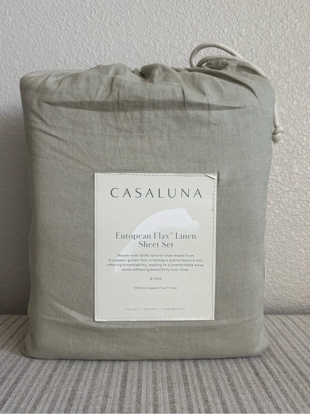 NWT King 100% Linen Sheet Set Light Olive Green - Casaluna